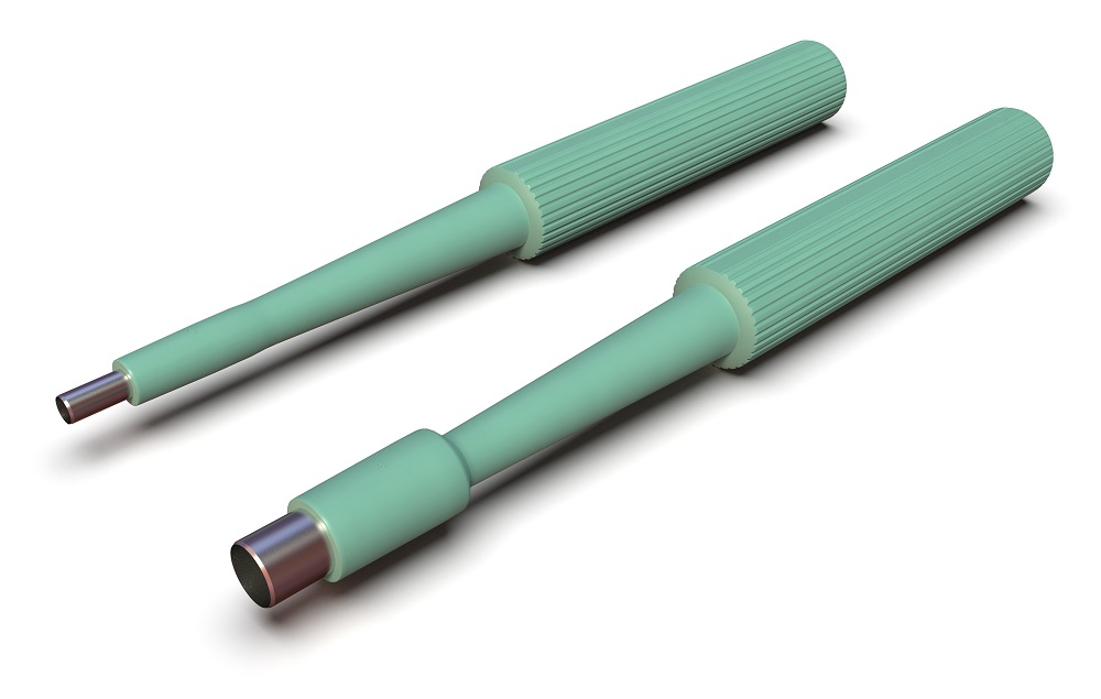 Close up of three biopsy punches, long green cylinder-shaped tools with circular silver tips.